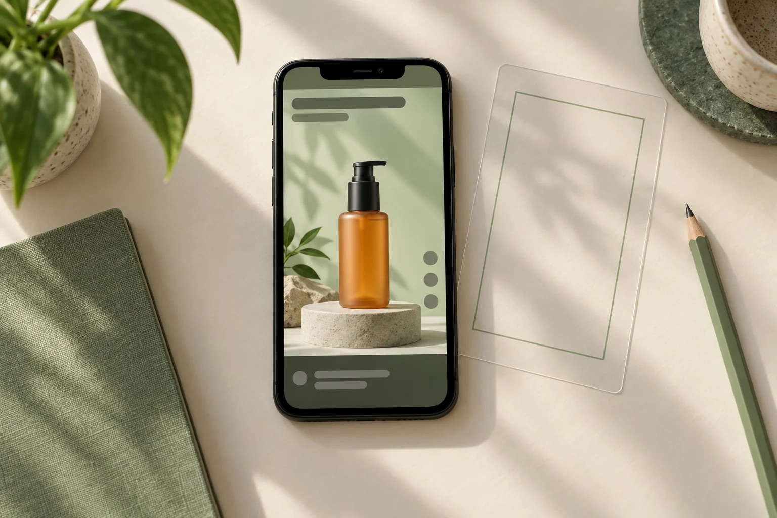 Illustrative phone preview of an amber pump bottle with abstract interface bars, beside a transparent outline and green pencil