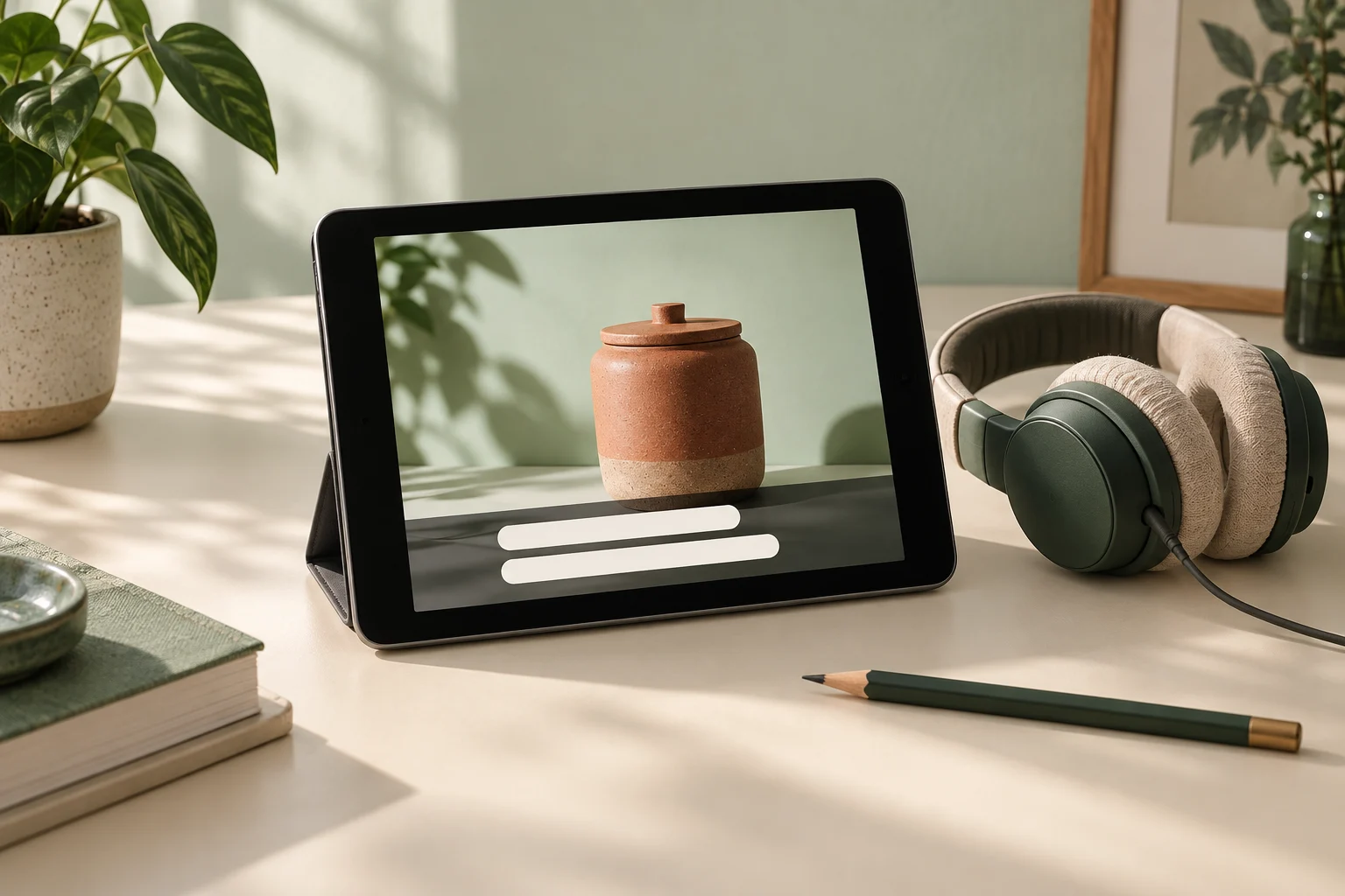 Illustrative tablet showing a terracotta jar with blank caption strips, beside green over-ear headphones on a cream desk