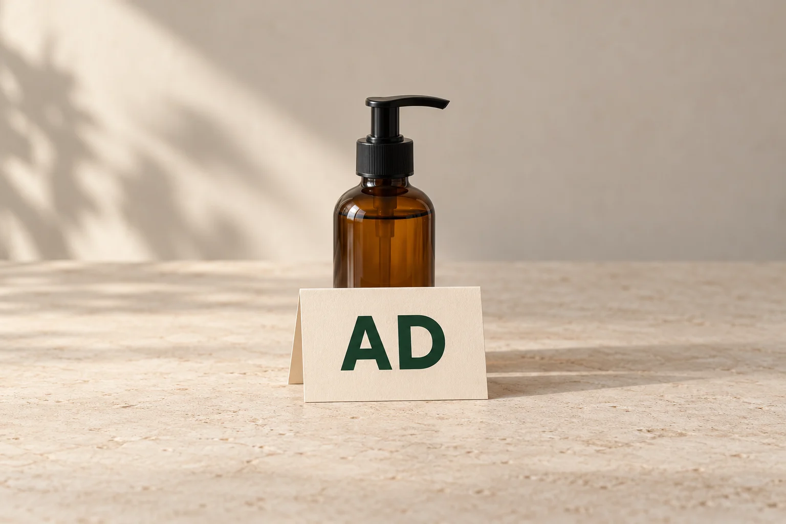Illustrative amber glass pump bottle behind a cream folded card printed with the letters AD on a pale tabletop