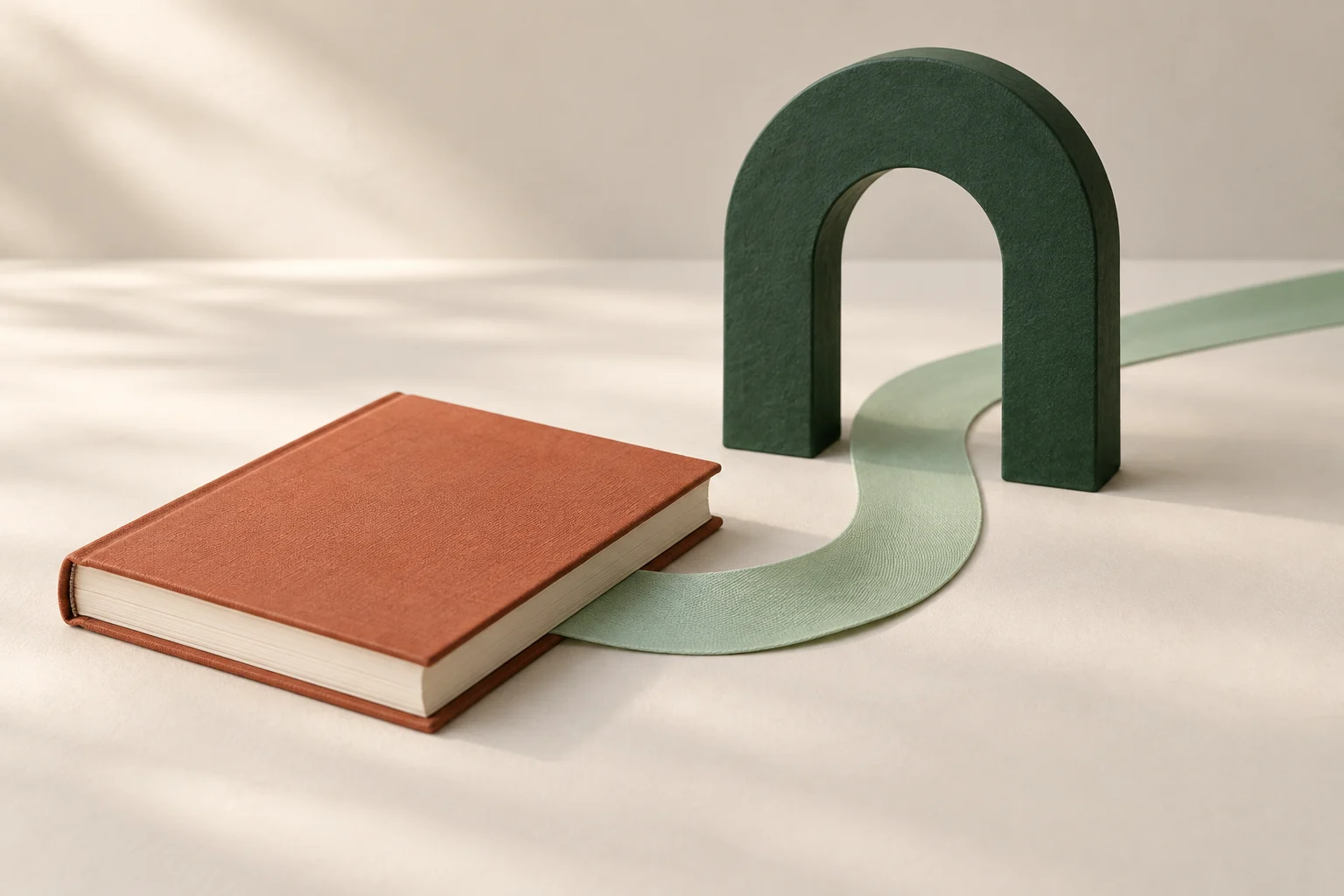 Conceptual terracotta notebook with a mint ribbon emerging beneath it and curving through an empty dark-green arch