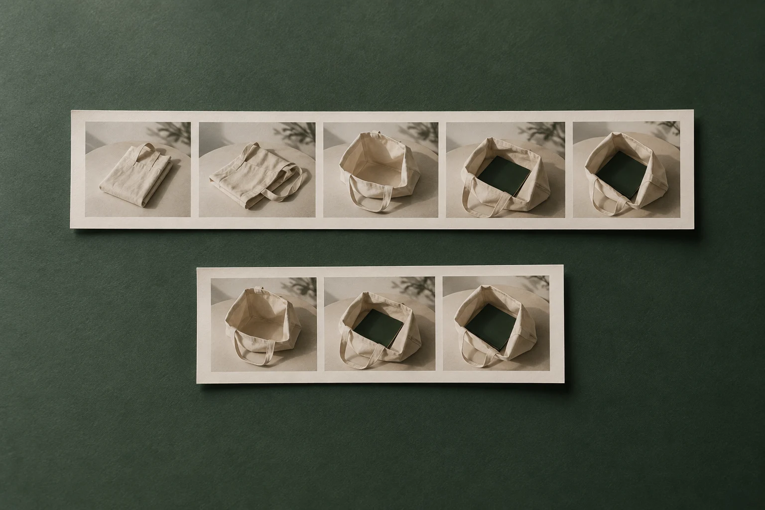 Illustrative long and short printed photo strips showing a cream tote and green notebook on a dark green surface