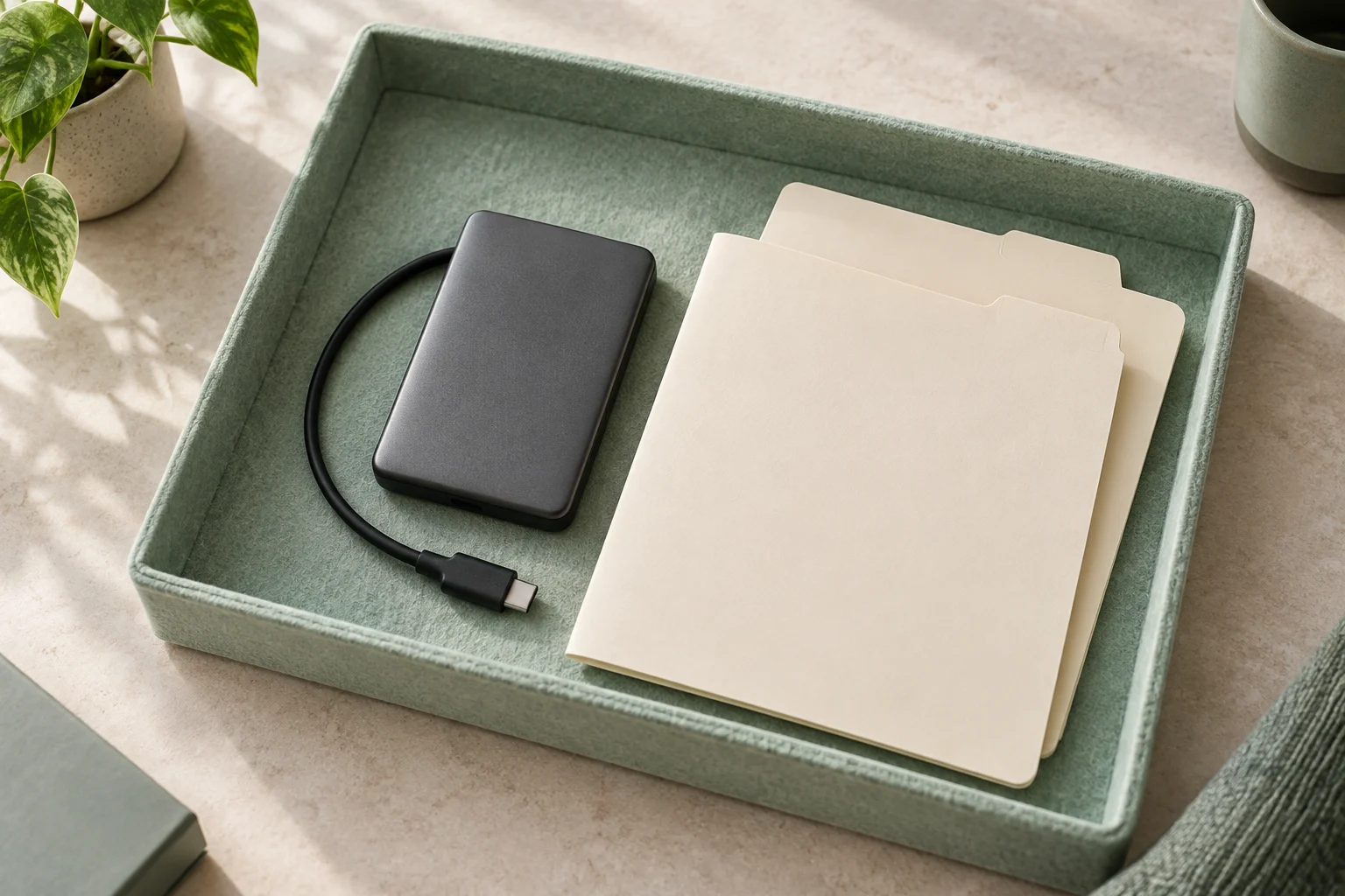 Illustrative file-handoff arrangement with a portable drive, cable and two blank folders in a mint tray