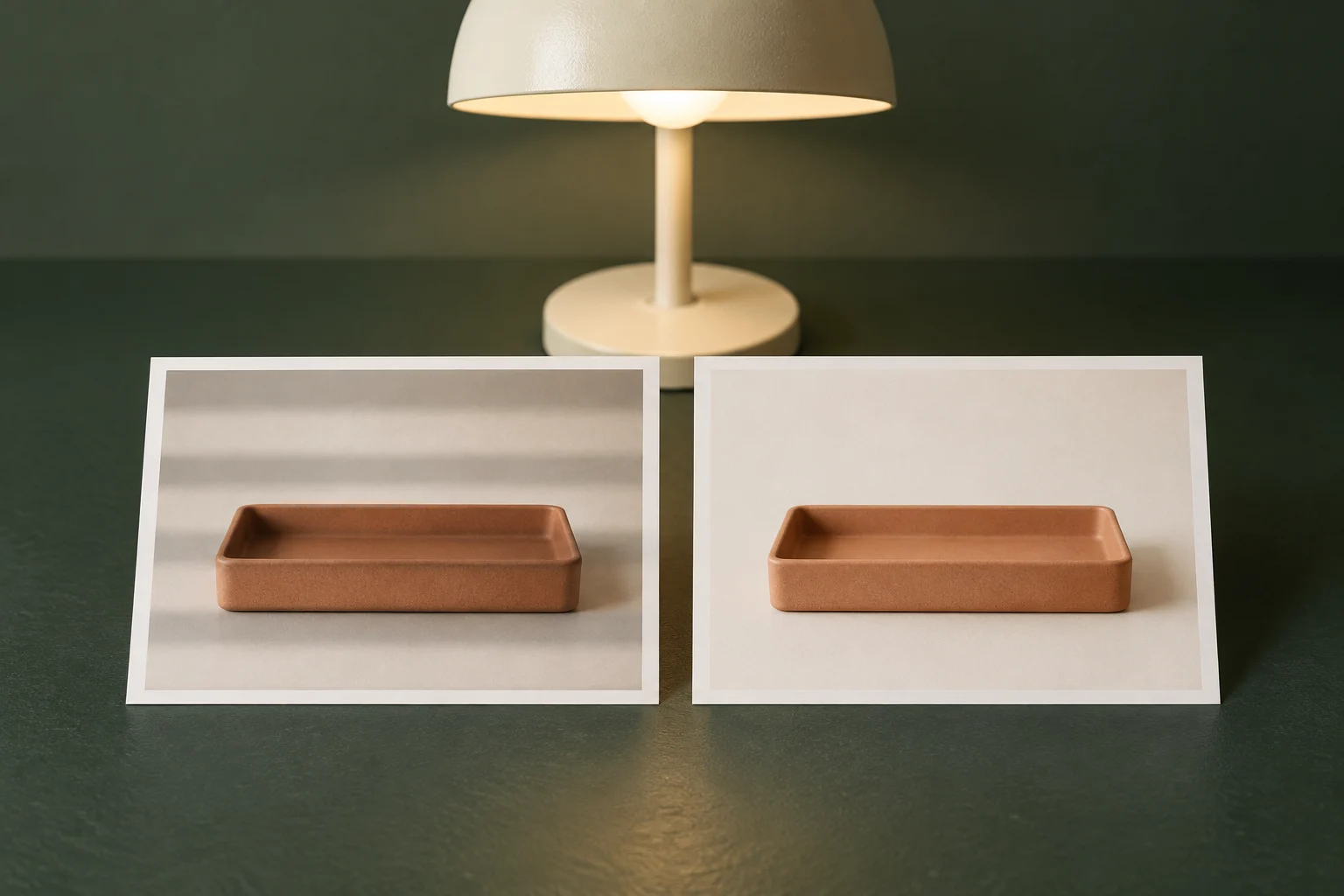 Conceptual paired prints of a terracotta tray beneath a cream lamp, with darker horizontal bands in the left print