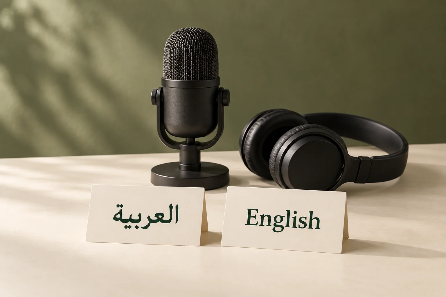 مشهد توضيحي لميكروفون وسماعة رأس على طاولة خلف بطاقتين بلون كريمي تحملان كلمتي العربية وEnglish