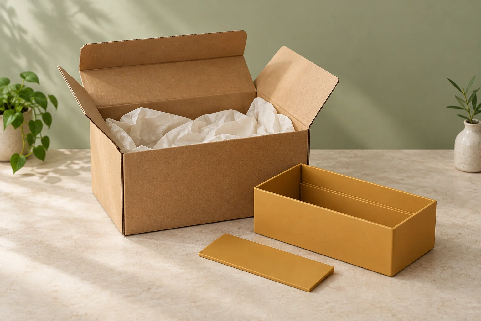 Illustrative open cardboard box with ivory tissue beside an ochre desk organizer and a separate matching flat panel