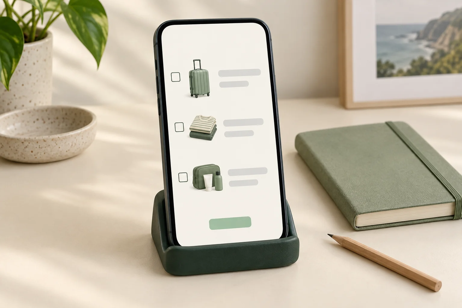 Illustrative phone in a green cradle showing a fictional packing list with blank text bars, beside a sage notebook and wooden pencil