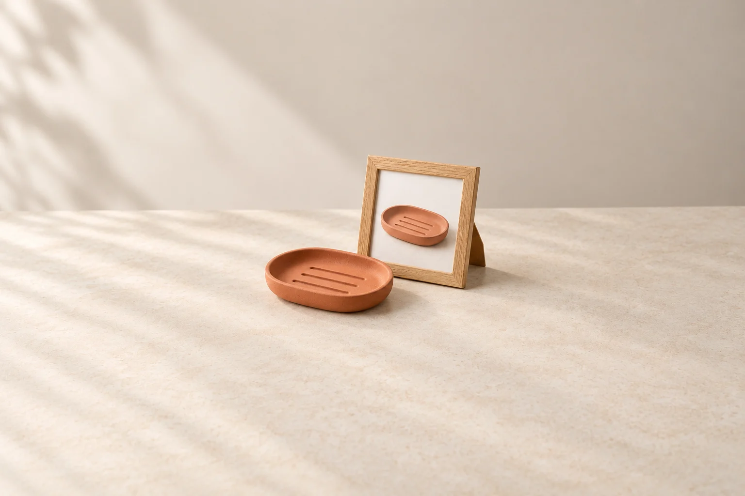 Empty oval terracotta soap dish with three grooves beside a standing wooden photo frame showing the same dish