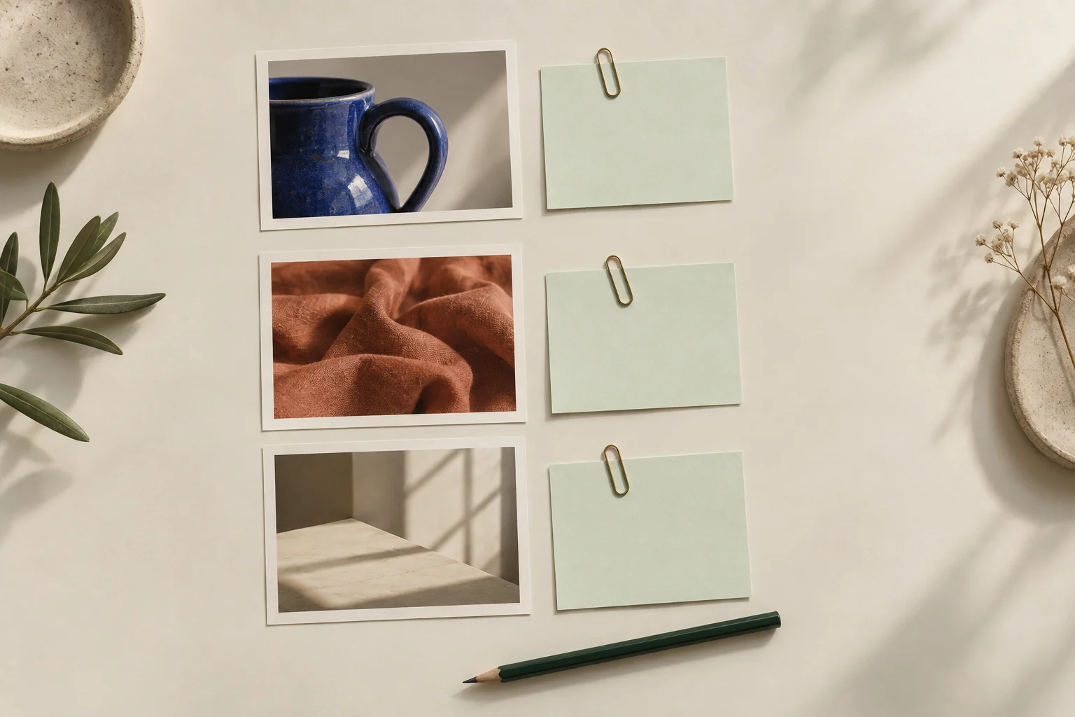 Illustrative prints of blue pottery, terracotta fabric and window shadows paired with blank mint note cards and a green pencil