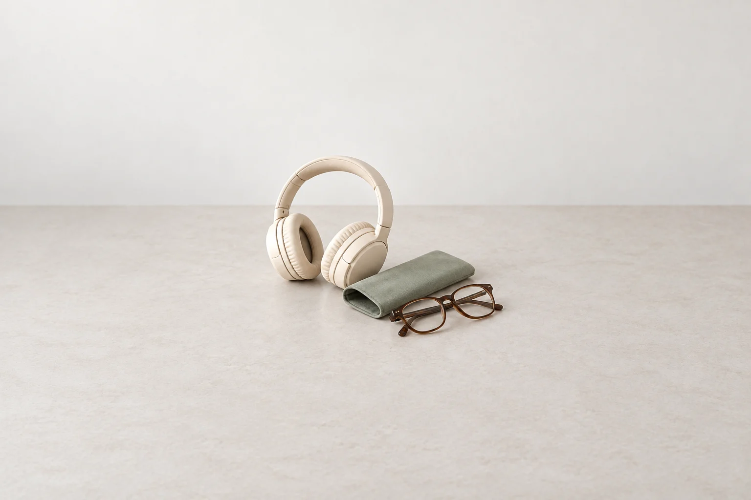 Cream over-ear headphones beside a sage fabric eyeglass sleeve and folded brown glasses on a pale tabletop