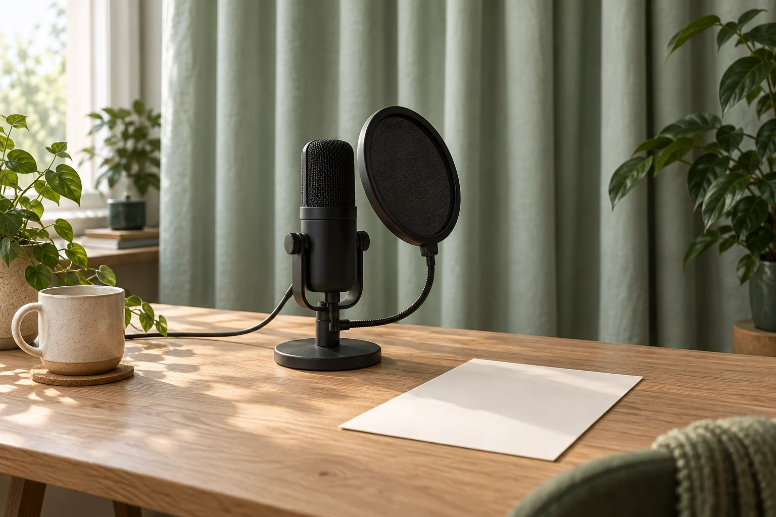 Illustrative black microphone and round pop filter beside a blank script sheet, with mint fabric curtains behind