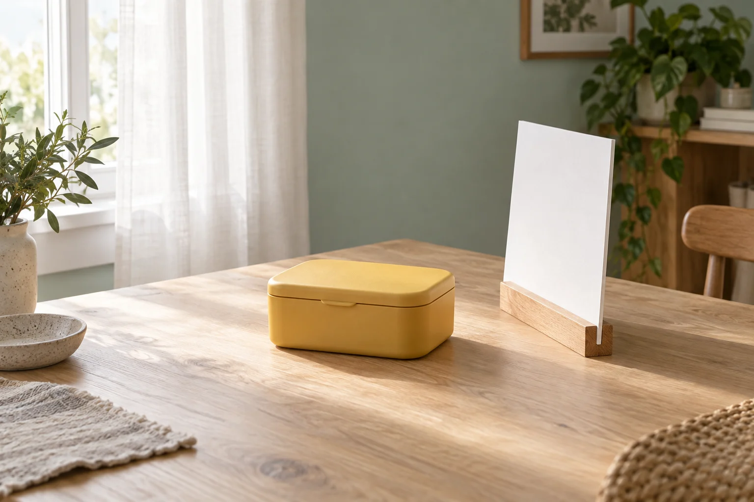 Illustrative yellow lunchbox on a wooden table beside a curtained window and an upright white reflector in a wooden stand